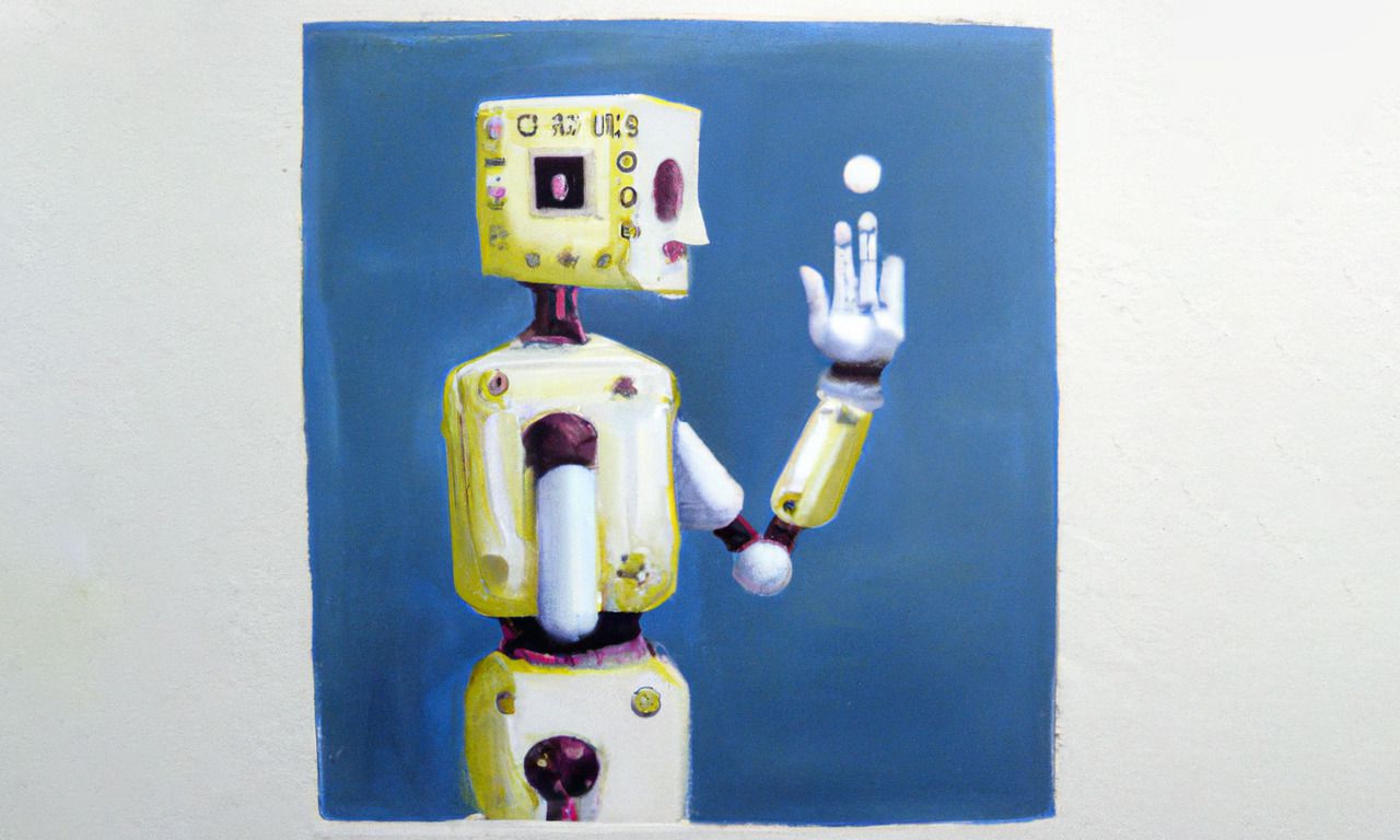 Illustratie gegenereerd door DALL-E 2, een programma dat woorden in beeld kan omzetten, op basis van de opdracht: „painting of a robot writing an article”.