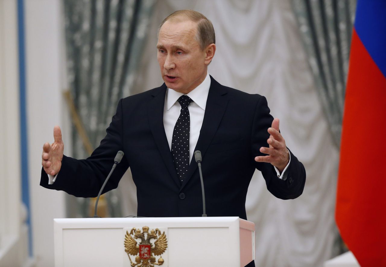 Vladimir Poetin donderdag, tijdens het bezoek van zijn Franse collega Hollande aan Moskou.