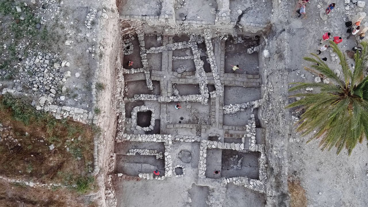 Deel van de Megiddo-opgraving, met ‘graf 100’ van rond 1500 v. Chr., waarin kurkuma en soja werden gevonden.