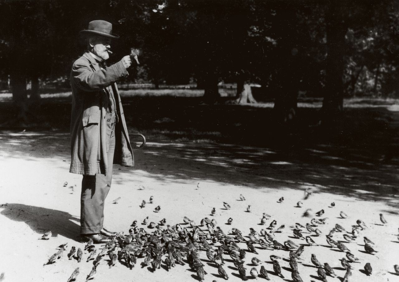 Het voeren van de mussen in het Vondelpark, 1927. De man op de foto is onbekend.