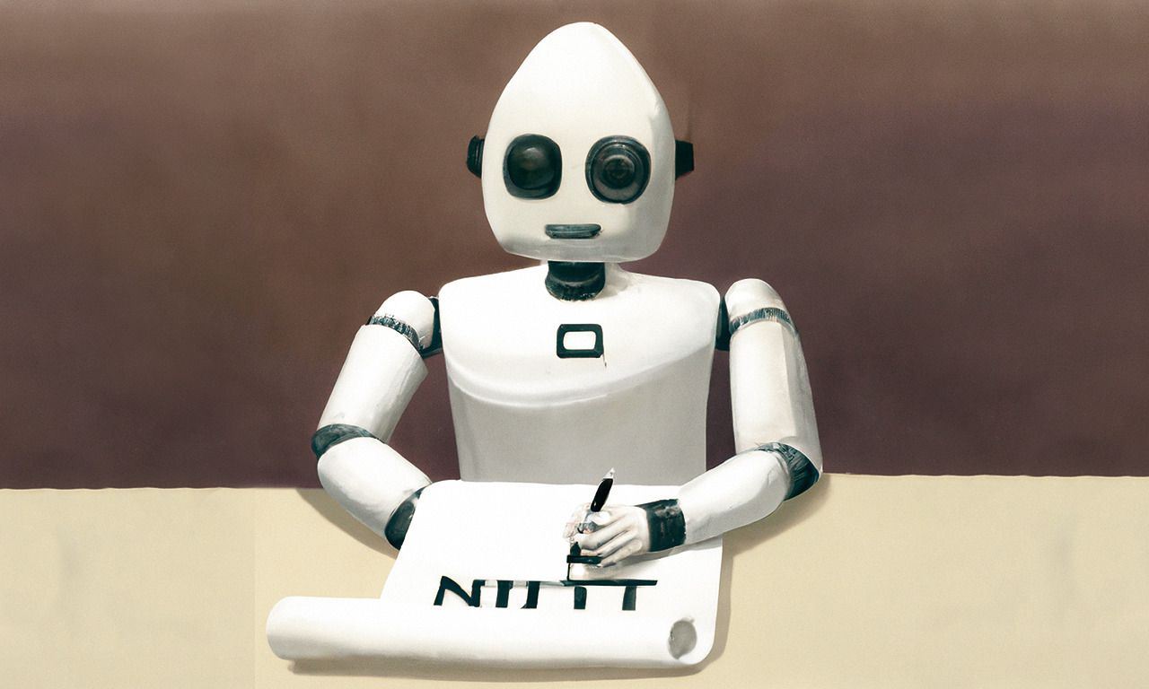 Illustratie gegenereerd door DALL-E 2, een programma dat woorden in beeld kan omzetten, op basis van de opdracht: „painting of a robot writing an article”.