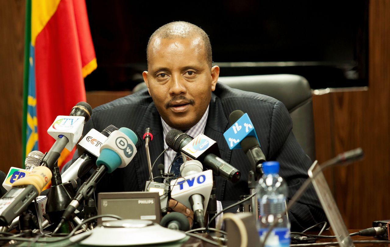 Ethiopische minister van communicatie Getatchew Reda deze week, tijdens een persconferentie over het conflict met Eritrea.