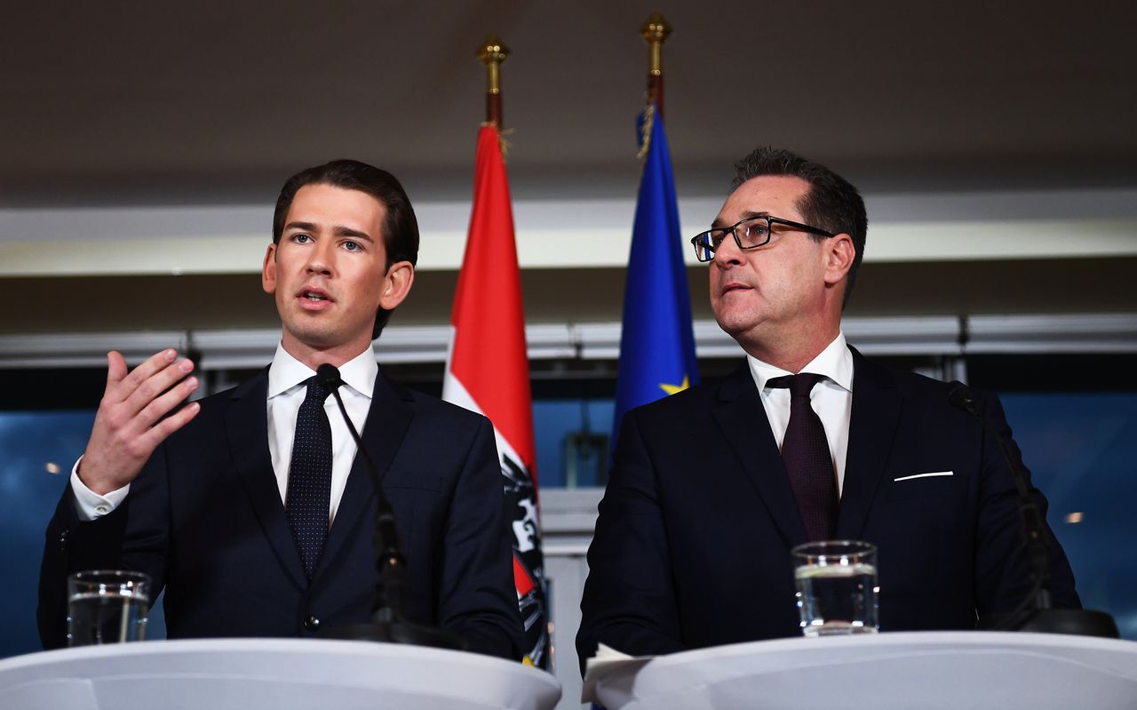 Links de nieuwe bondskanselier Sebastian Kurz, rechts Heinz-Christian Strache van de FPÖ.