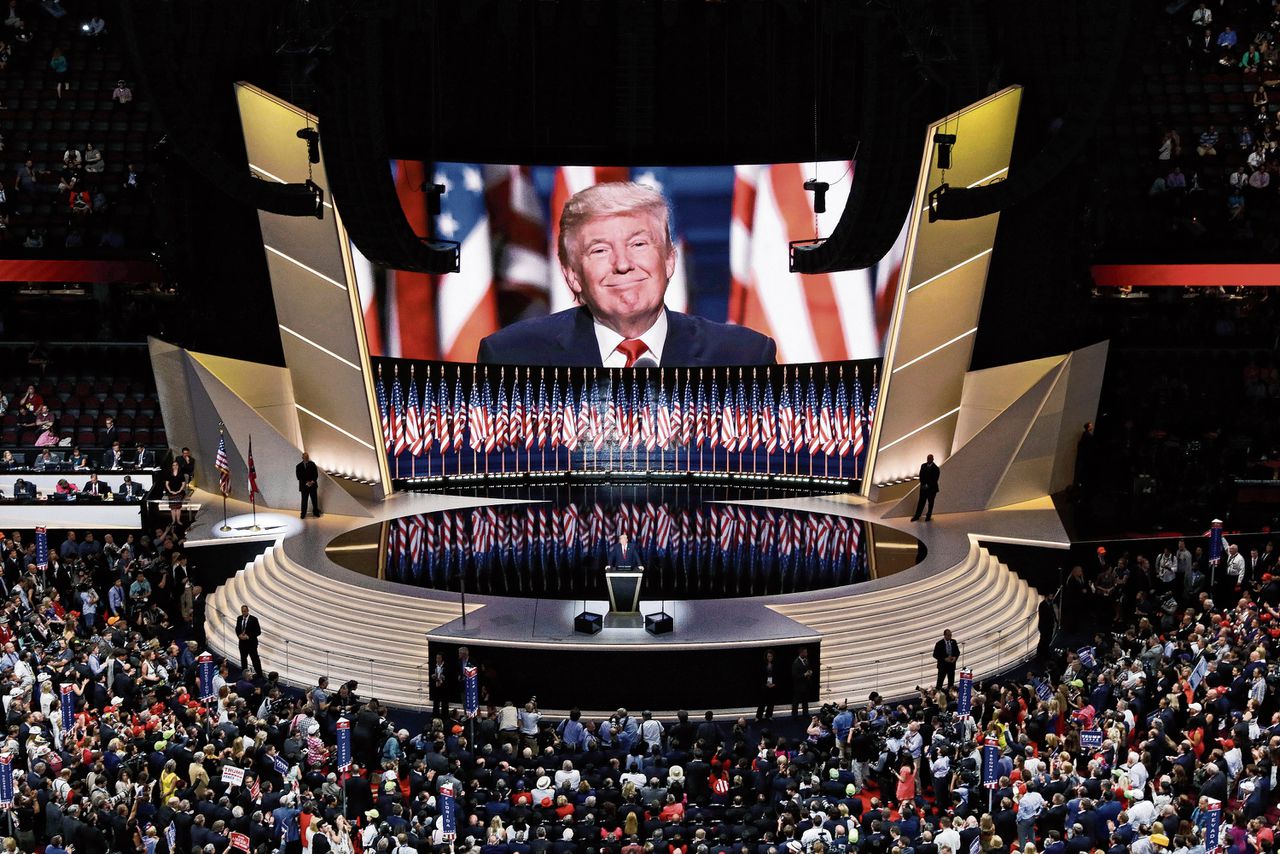 Trump op de Republikeinse conventie in 2016, in Cleveland.