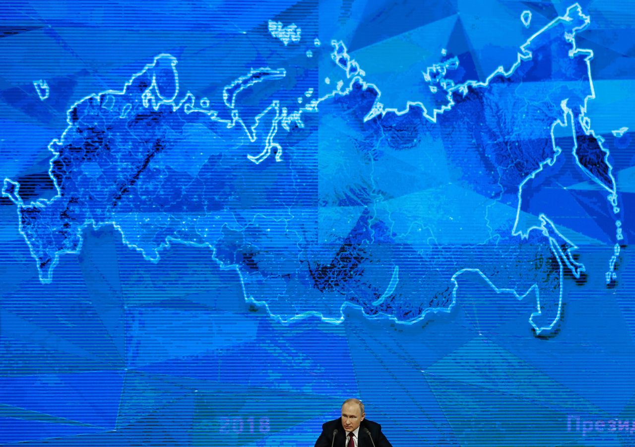 De Russische president Poetin tijdens zijn jaarlijkse persconferentie, op donderdag in Moskou.