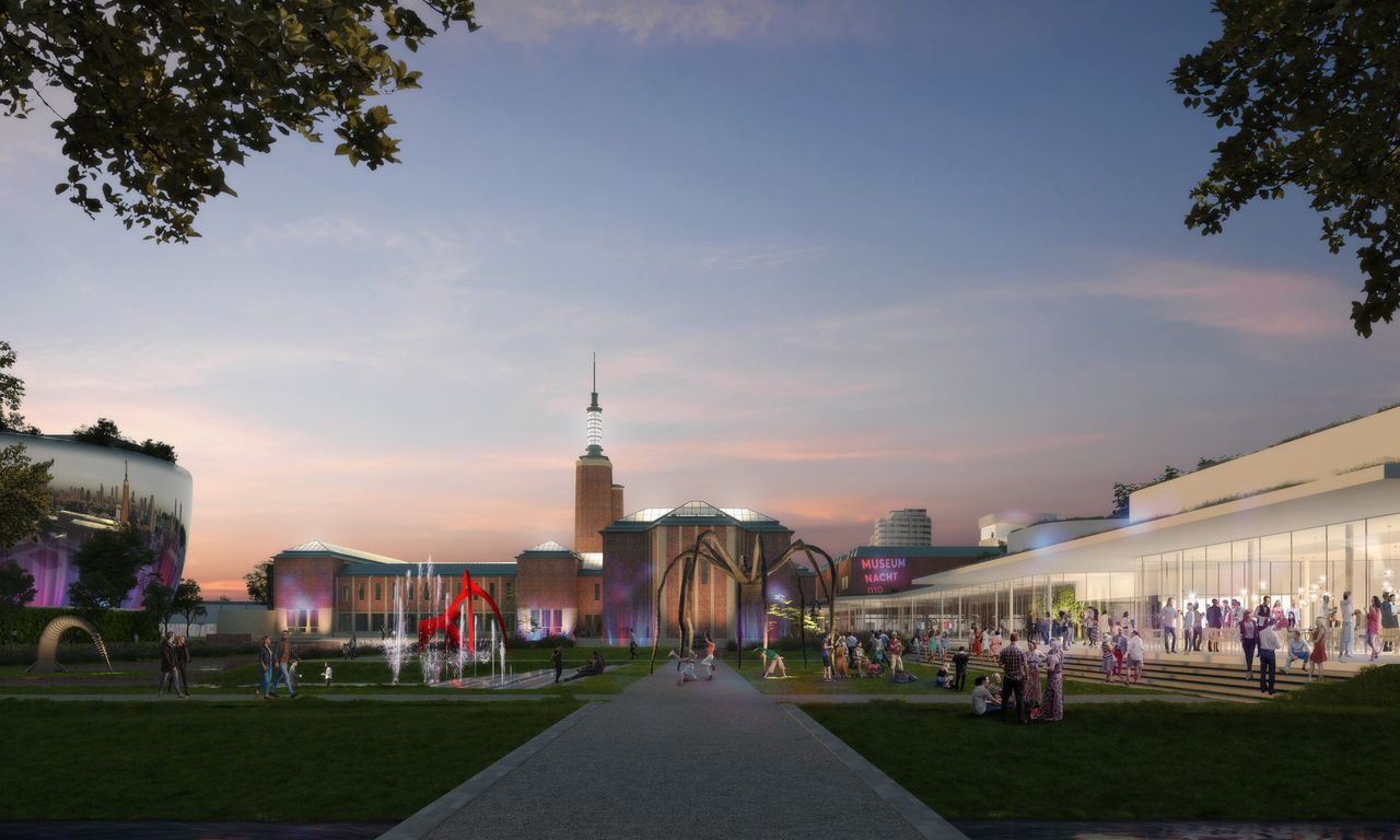 Een (gedateerde) animatie van het nieuwe, geplande paviljoen voor hedendaagse kunst (rechts) achter Museum Boijmans Van Beuningen.