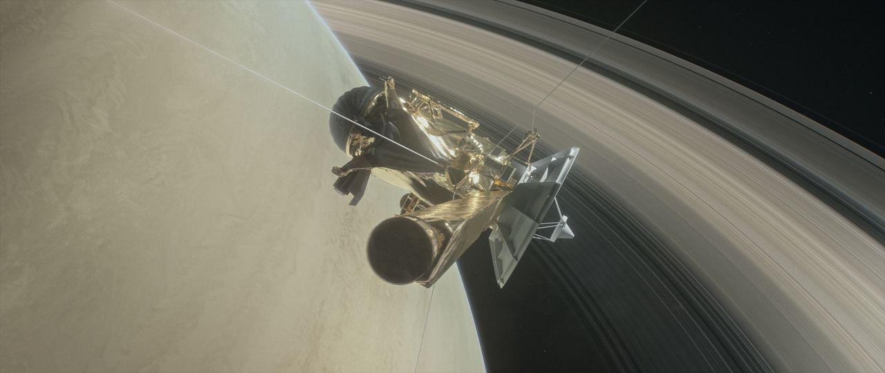 Animatie met Cassini vlak voordat hij de ringen van Saturnus induikt.