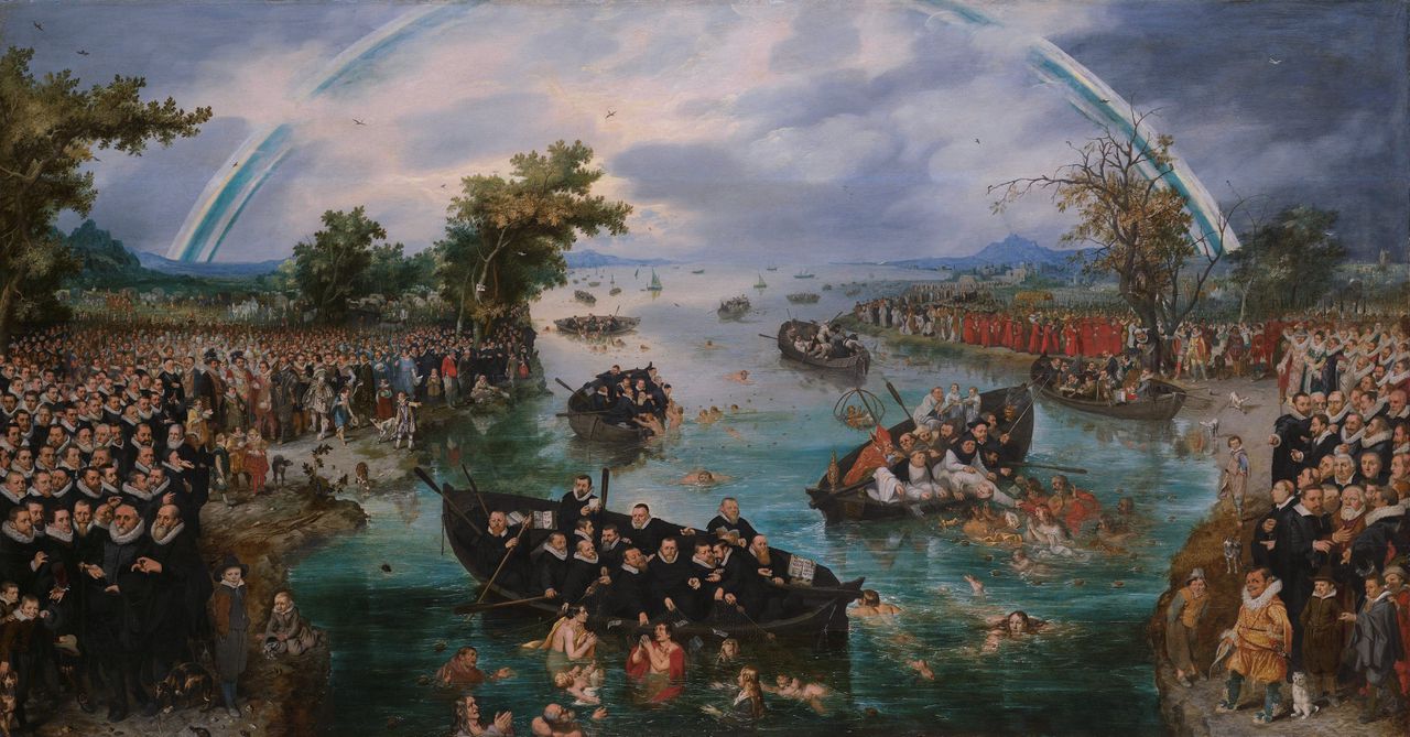 Adriaen van de Venne, De zielenvisserij, 1614. Links staan de protestantse Noord-Nederlanders, rechts de rooms-katholieke zuiderlingen. In de brede rivier die hen scheidt, vissen beide partijen naar zielen. De vangst van de protestanten overtreft die van de katholieken.