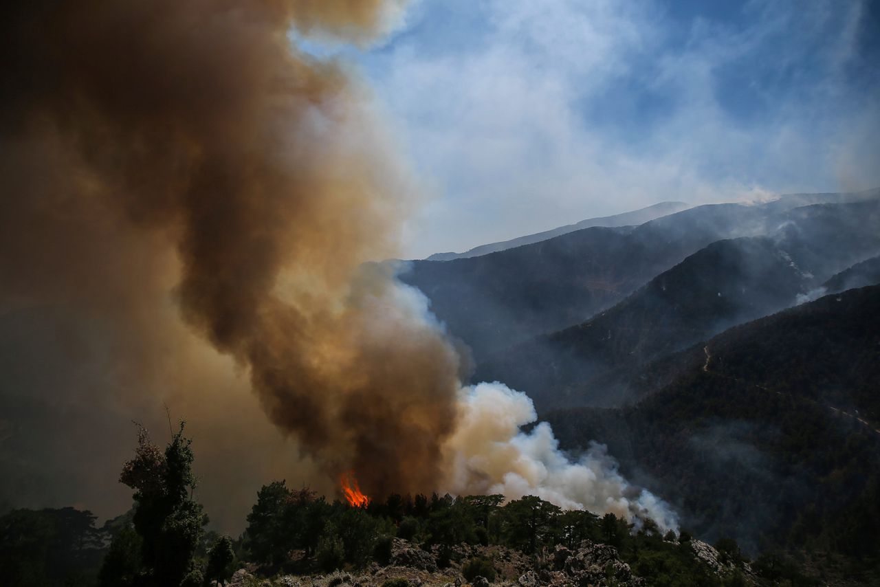 Een bosbrand in de Zuid-Turkse provincie Mugla. Het blusvliegtuig stortte enkele honderden kilometers naar het oosten neer.