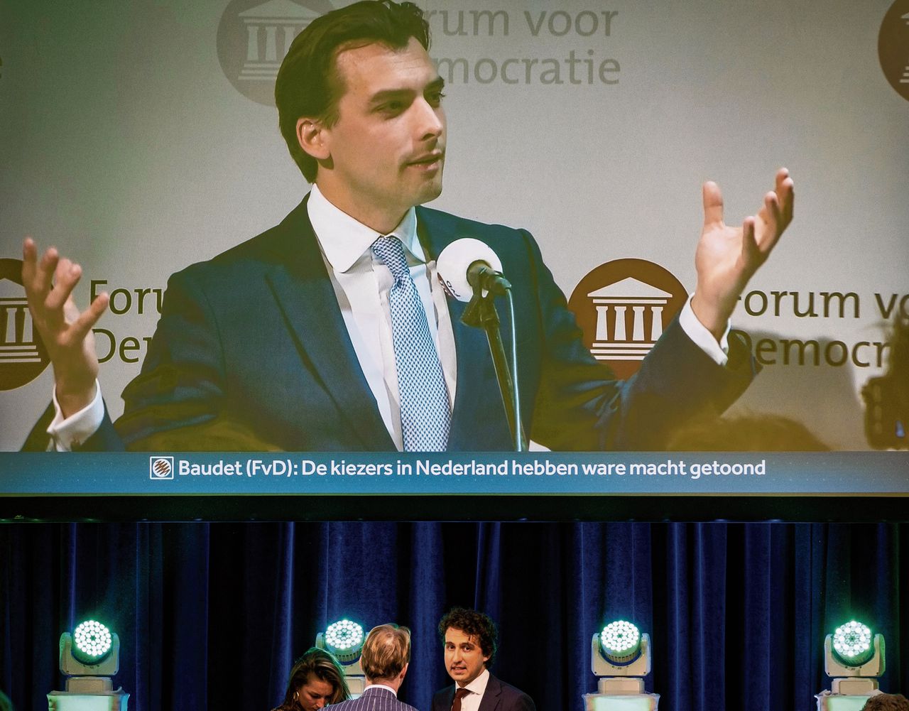 De overwinningsspeech van Thierry Baudet (Forum voor Democratie) wordt live uitgezonden op de uitslagenavond van GroenLinks in Utrecht.