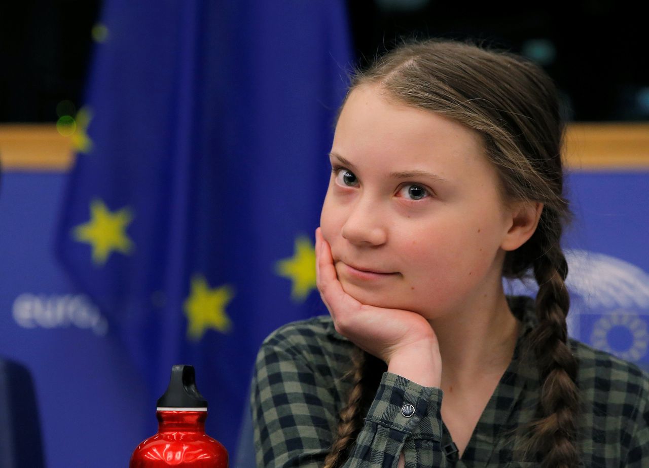 Zweedse klimaatactiviste Greta Thunberg voor haar toespraak op het Europees Parlement in April, 2019.
