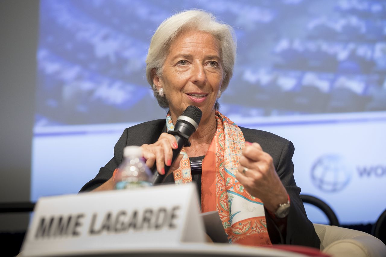 IMF-directeur Christine Lagarde (L) bij de 'Spring Meetings' van het IMF en de Wereldbank in Washington DC, 17 april 2017.