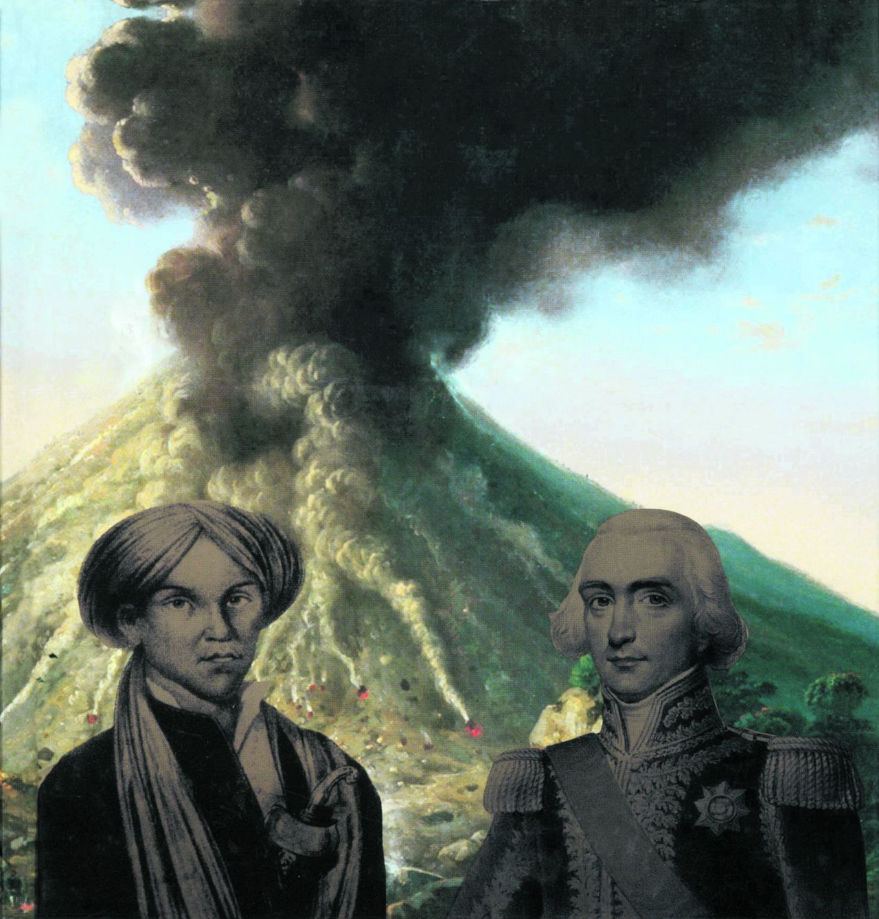 Prins Diponegoro (l.) en maarschalk Herman Willem Daendels, met de spuwende vulkaan Merapi op Midden-Java, geschilderd door Radèn Sarif Salèh (1865) Uit besproken boek