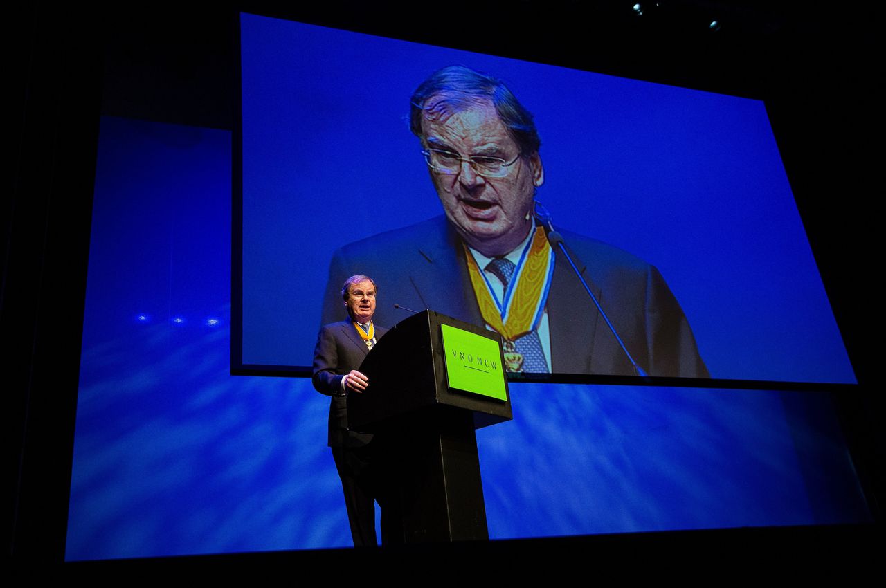 Bernard Wientjes tijdens zijn afscheid als voorzitter van werkgeversorganisatie VNO-NCW, in 2014. Foto Bart Maat/ANP