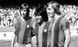 Johan Cruijff links in het shirt van FC Barcelona in augustus 1974.