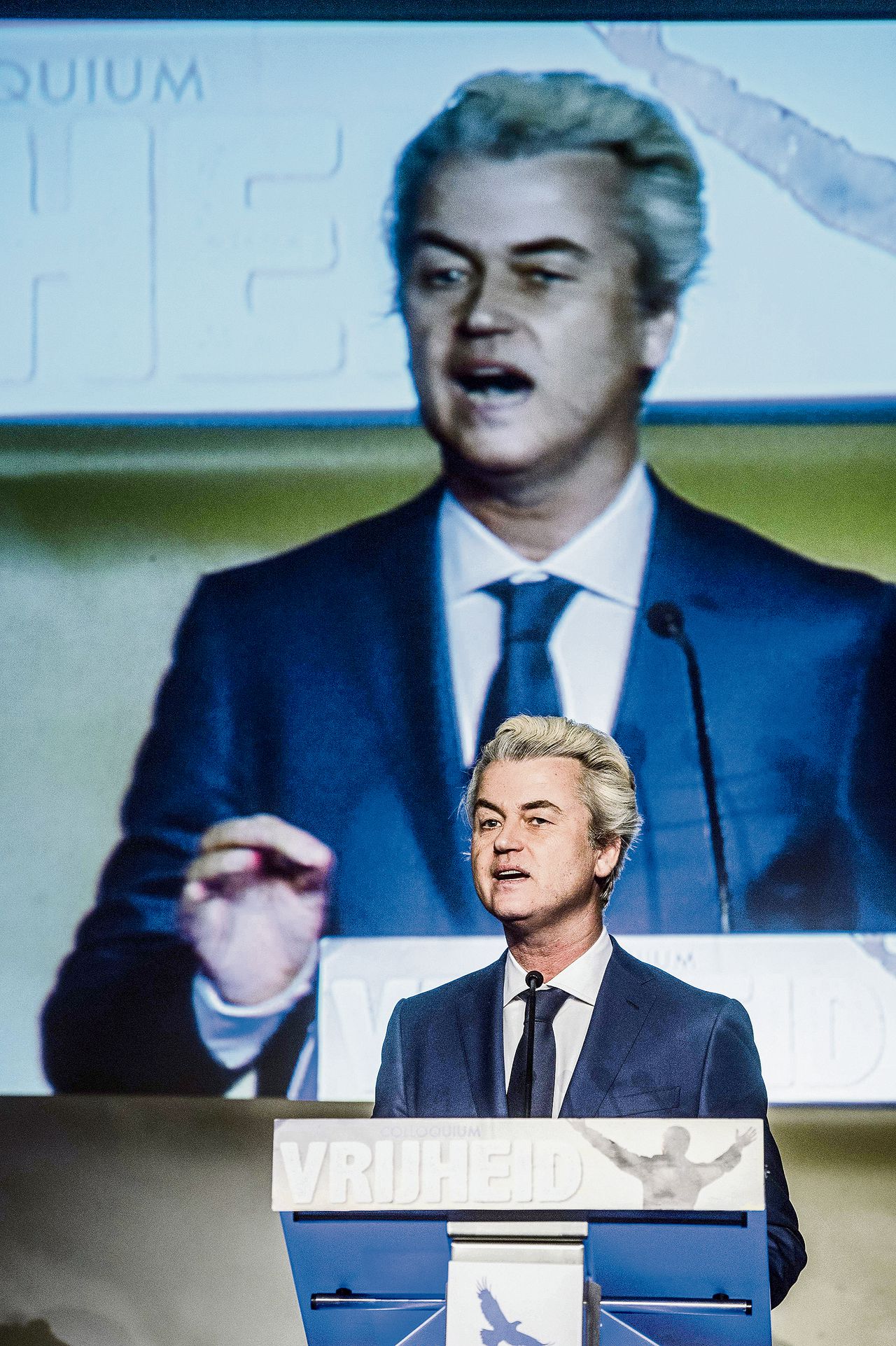 Wilders tijdens zijn speech in Brussel.Foto JONAS ROOSENS / ANP