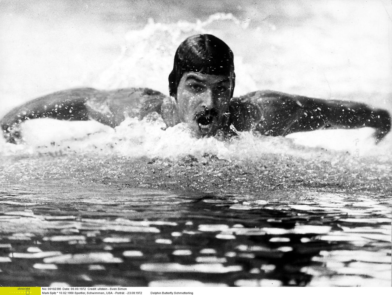 Mark Spitz in 1972 bij de Olympische Spelen in München. Foto Ullstein * 10.02.1950 Sportler, Schwimmen, USA - Portr„t - 23.08.1972 Delphin Butterfly Schmetterling