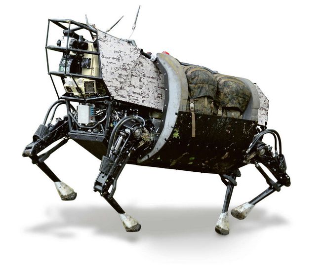 Dit is de Mule: een Legged Squad Support System. Een robot die zich op ruig gebied kan verplaatsen, en daarbij bagage van militairen kan meezeulen.
