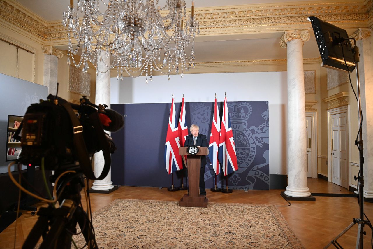 De Britse premier Johnson donderdagmiddag, nadat het akkoord met de EU was gesloten. Foto Paul Grover/Reuters