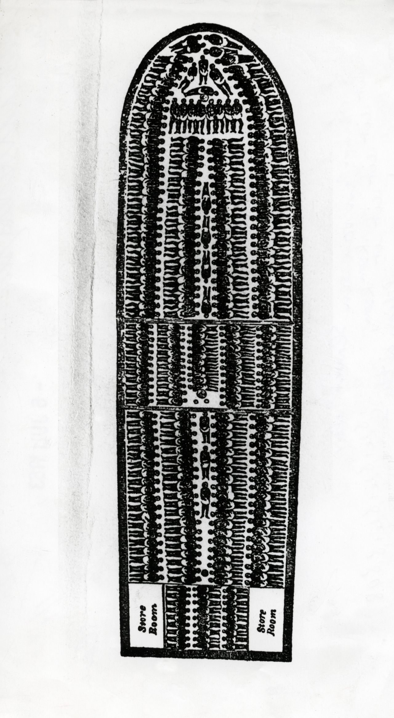 Tekening van de verdeling van negerslaven over het dek van een slavenschip, 'het stuwplan', uit een boek voor de afschaffing van de slavernij uit 1808.
