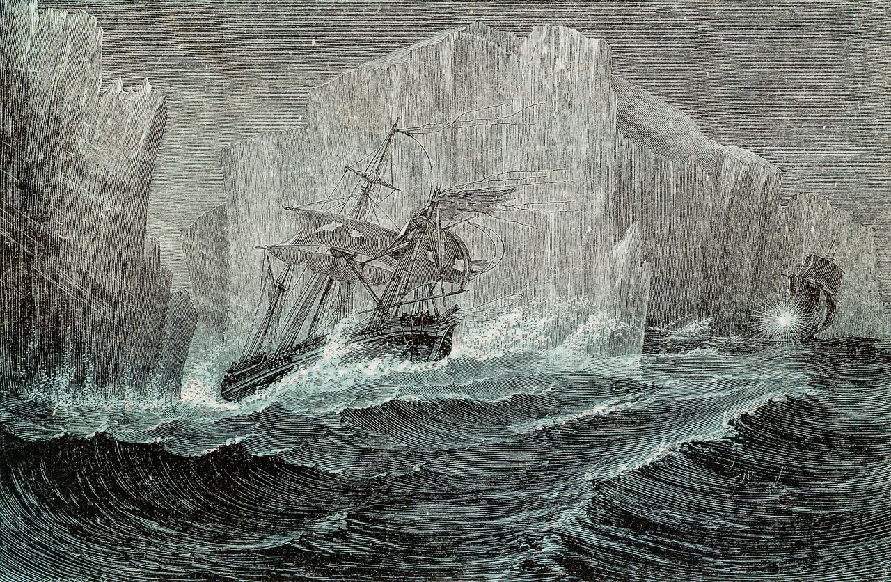 De 'Erebus' op expeditie in het Zuidpoolgebied (1839-1843).