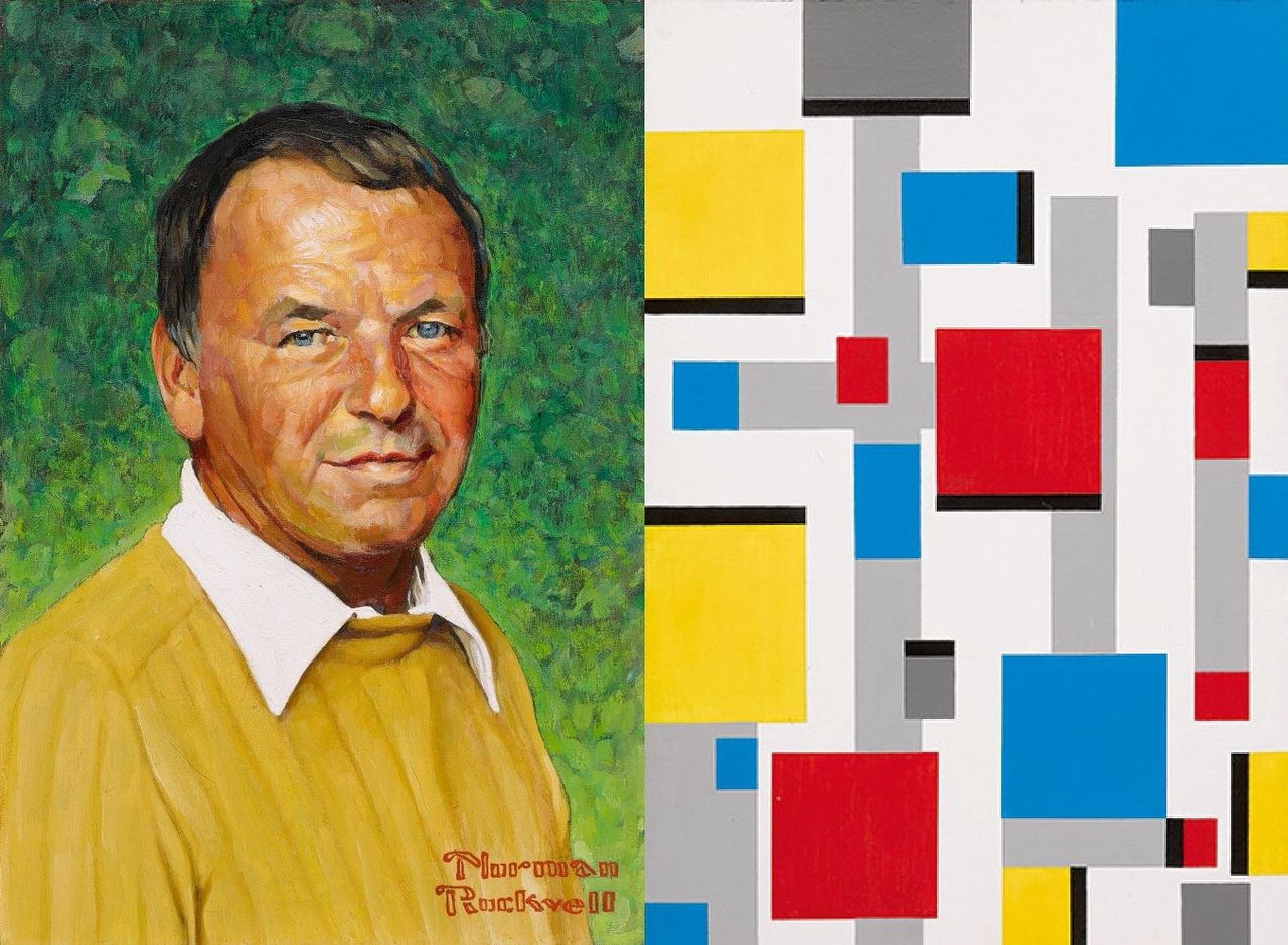 Links: Frank Sinatra-portret uit 1973 door Norman Rockwell (richtprijs: 80.000-120.000 dollar). Rechts: Mondriaan-pastiche uit 1991 door Frank Sinatra (10.000-15.000 dollar).