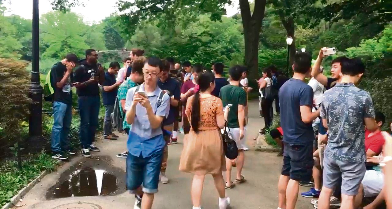 Spelers van Pokémon Go gaan in Central Park in New York op zoek naar virtuele beesten. Jonathan Perez twitterde een filmpje hierover waaruit deze ‘stills’ afkomstig zijn.
