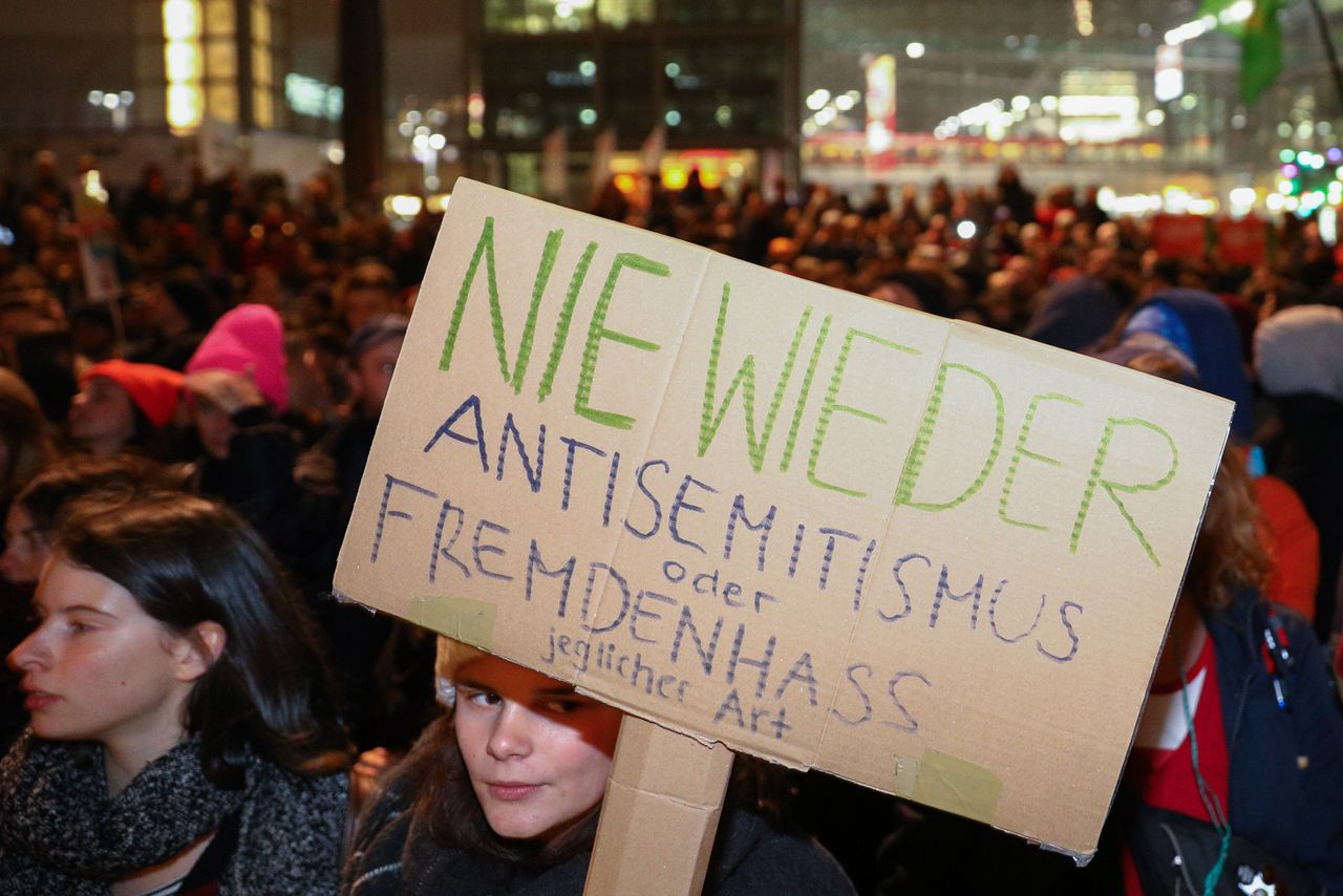 Een protest tegen antisemitisme en xenofobie in Berlijn in november 2018.