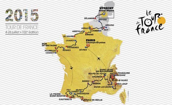 De route van de Tour volgend jaar met de start op 4 juli in Utrecht en de finish 22 dagen later in Parijs.