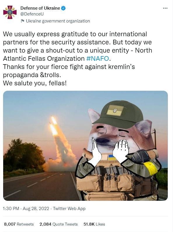 Het Oekraïense ministerie van Defensie bedankt de Twitter-groep NAFO voor hun steun in de informatie-oorlog tegen Rusland.