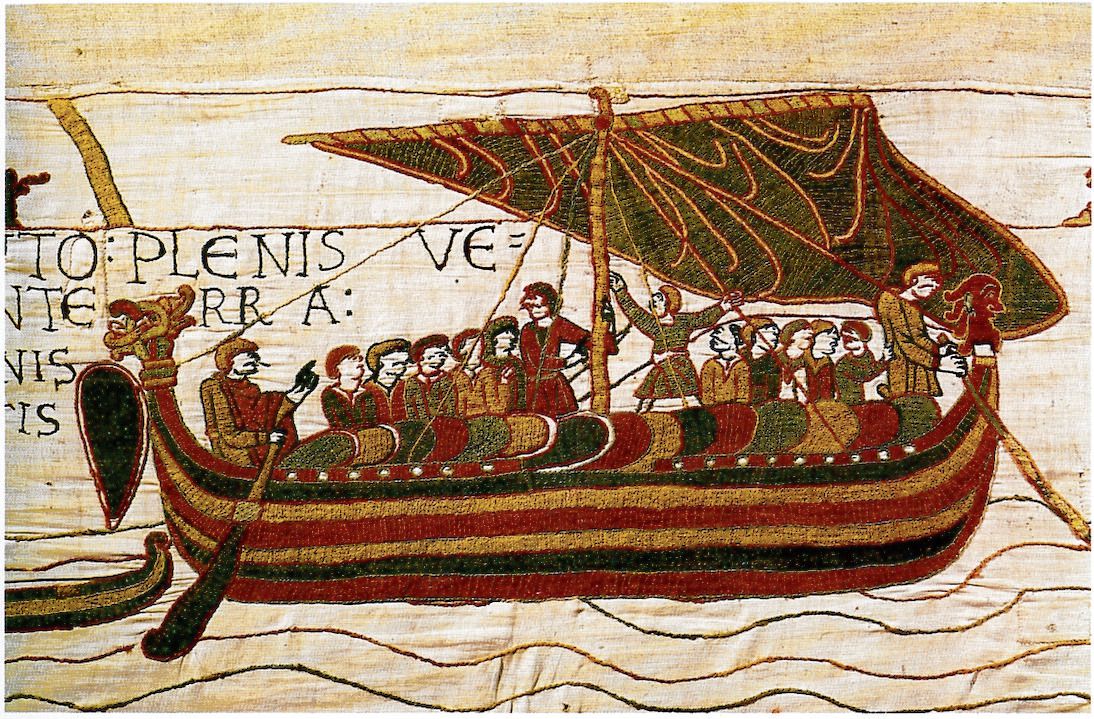 Engels ‘vikingschip’ in 1064, met aan boord de latere koning Harald Godwinson, zoals afgebeeld op het Tapijt van Bayeux (ca. 1090).