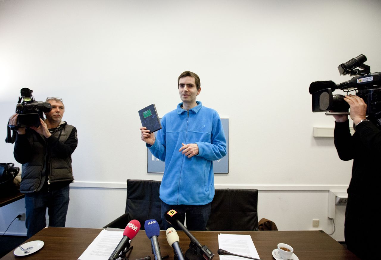 Marthijn Uittenbogaard van pedofielenvereniging Martijn tijdens een persconferentie in perscentrum Nieuwspoort over de rechtszaak om de vereniging te verbieden (archieffoto).