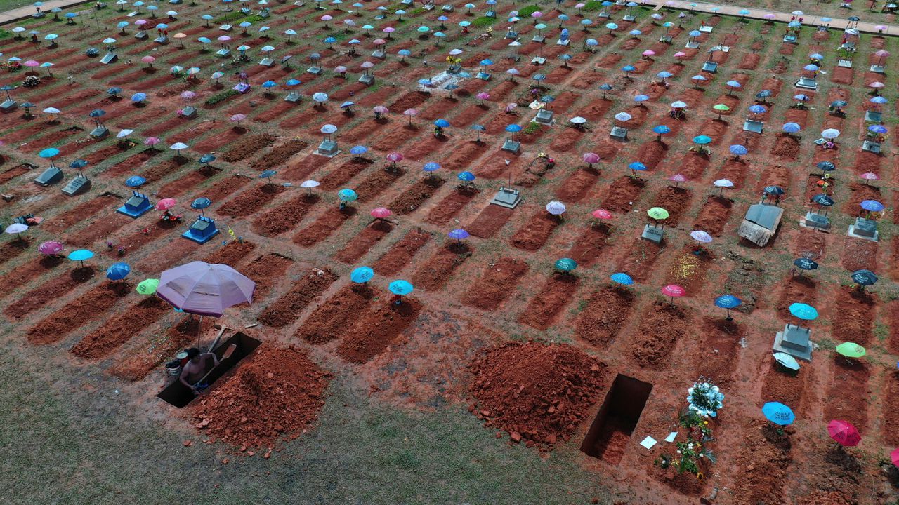 Een graf wordt gegraven in het Peruaanse Iquitos. Het land heeft zwaar te lijden gehad onder de coronacrisis.