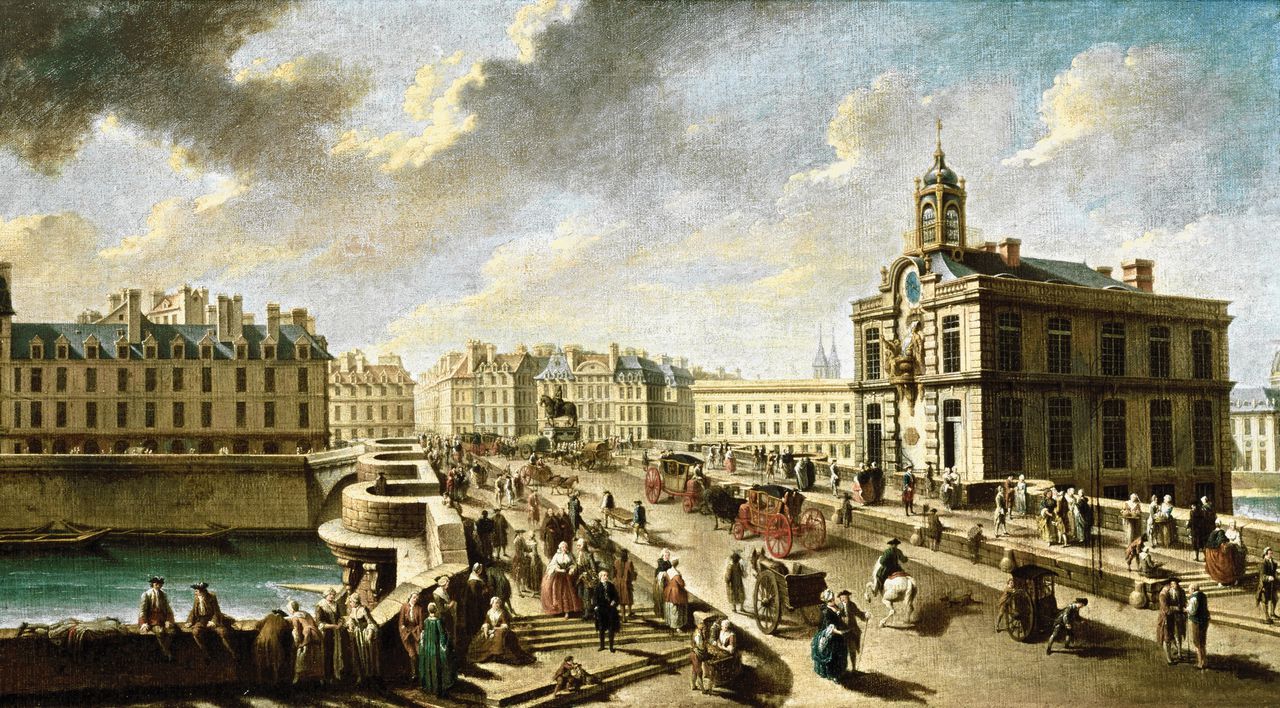 De Pont-Neuf in Parijs, geschilderd in 1777 door Nicolas-Jean-Baptiste Raguenet.