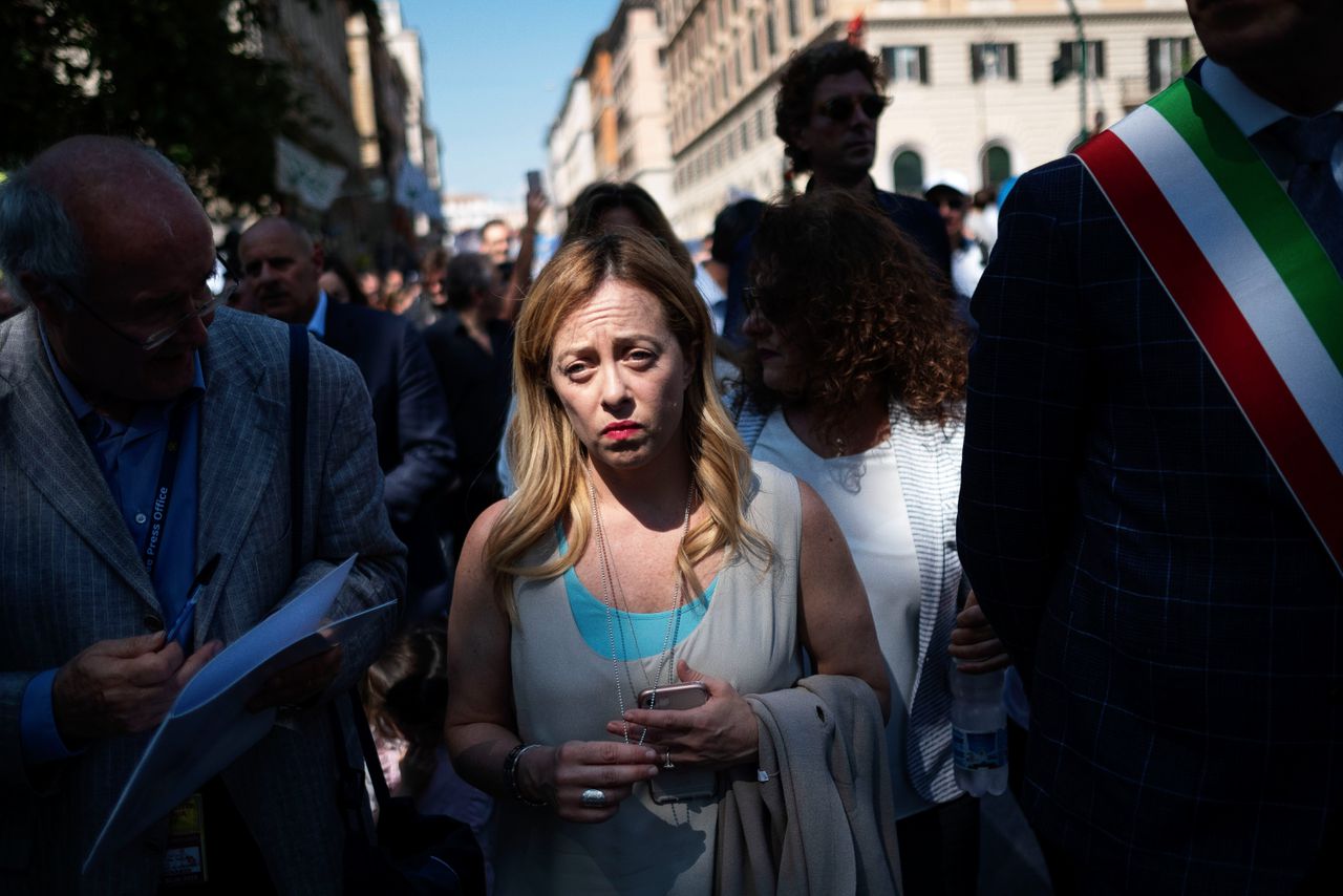 Giorgia Meloni, leider van de politieke partij Fratelli d’Italia, tijdens een nationale demonstratie voor het leven en tegen abortus, op 19 mei 2018 in Rome.