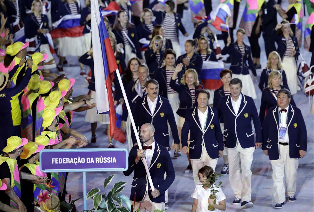 Russische spelers tijdens de opening van de Olympische Spelen in Rio de Janeiro.