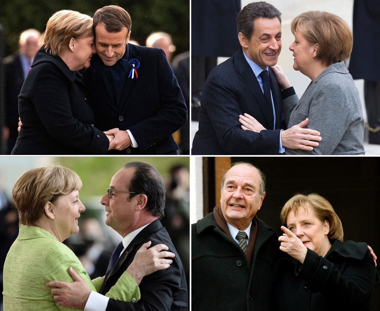 Bondskanselier Merkel met opeenvolgende Franse presidenten: Chirac (rechtsonder), Hollande (linksonder) en Sarkozy (boven).
