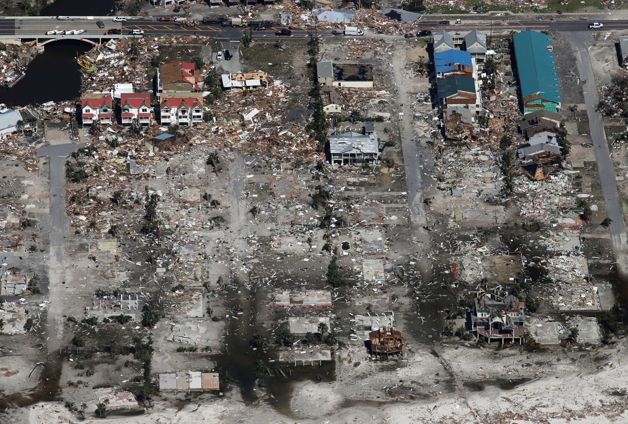 Een complete buurt, tussen 40th Street en 42nd Street, in Mexico Beach in de Amerikaanse staat Florida werd weggevaagd door orkaan Michael.