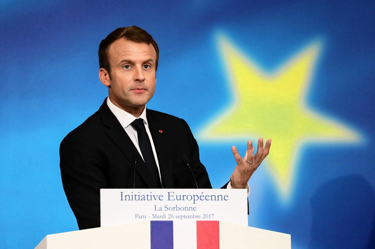 De Franse president Emmanuel Macron tijdens zijn speech over de Europese Unie op de Parijse universiteit Sorbonne, afgelopen dinsdag.