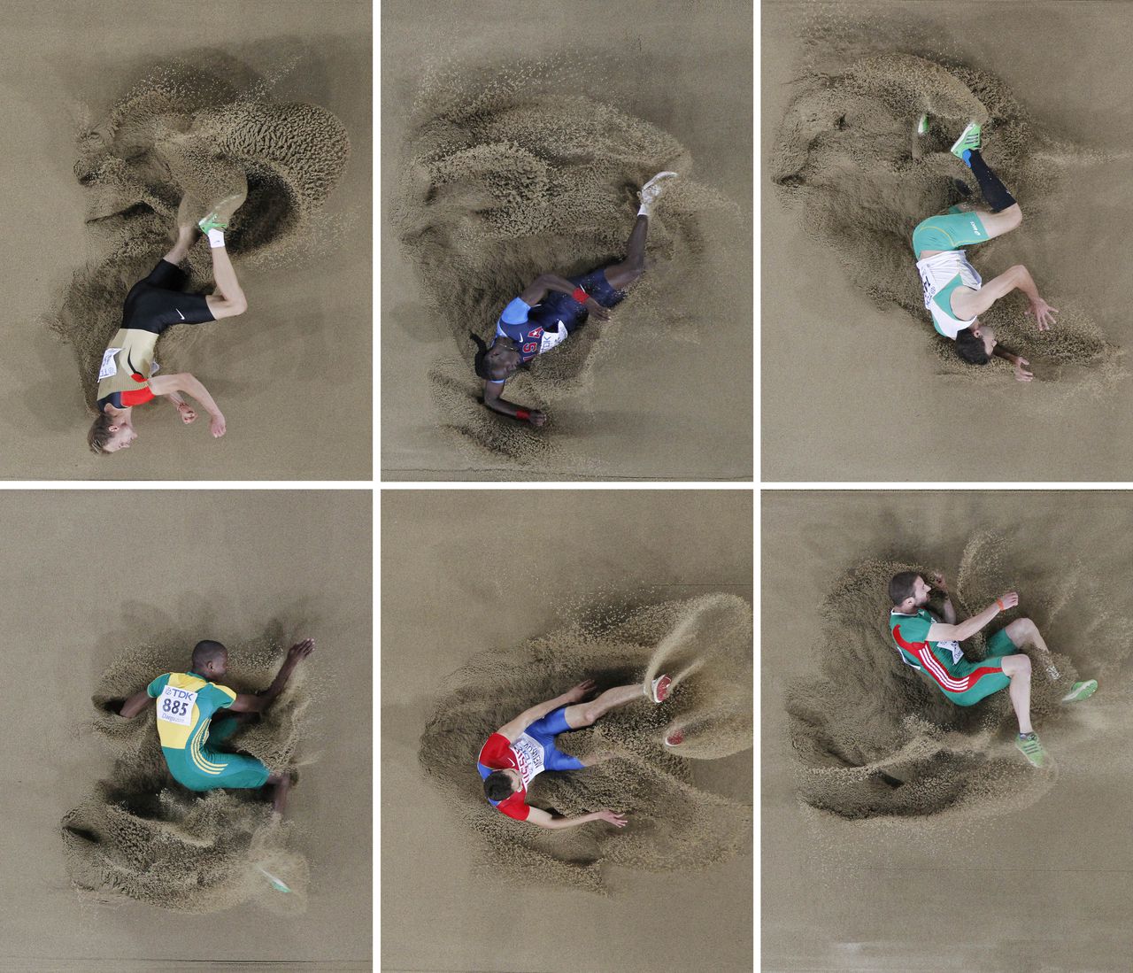 In this combo image made from six photos, top from left, Germany's Christian Reif, USA's Will Claye, Australia's Mitchell Watt, bottom from left, South Africa's Luvo Manyonga, Russia's Aleksandr Menkov, and Portugal's Marcos Chuva compete in the Men's Long Jump final at the World Athletics Championships in Daegu, South Korea, Friday, Sept. 2, 2011. (AP Photo/David J. Phillip)