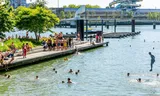 Rotterdamse zonaanbidders koelen af in het water, met op de achtergrond Fenix, het nieuwe kunstmuseum over migratie. Foto Iris van den Broek / ANP