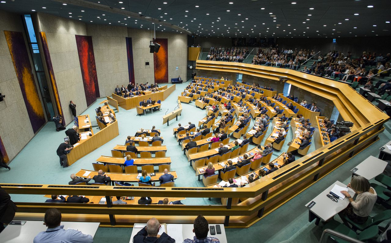 Overzicht van de plenaire zaal tijdens de Algemene Politieke Beschouwingen in de Tweede Kamer.