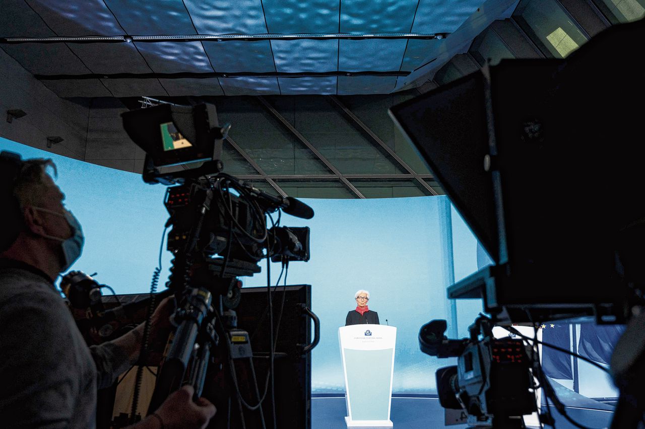ECB-president Christine Lagarde op de persconferentie na afloop van de besluiten over de rente en het opkopen van staatsschulden.