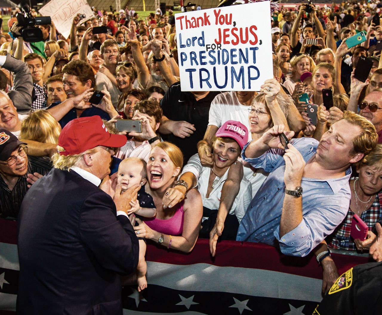 Trump bij een verkiezingsrally in Mobile, Alabama, in augustus 2015.