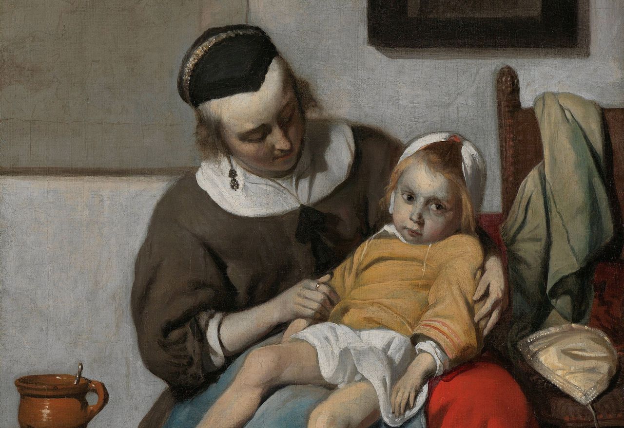 Gabriël Metsu, ‘Het zieke kind’, (uitsnede) omstreeks 1664-1666.