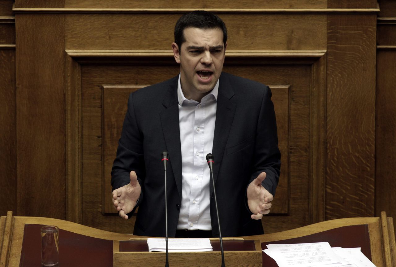 Premier Tsipras tijdens zijn eerste belangrijke toespraak in het parlement.