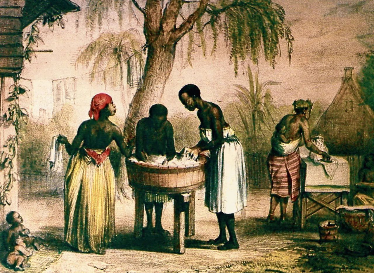 Wasvrouwen uit Suriname, getekend door Pierre Benoit, circa 1830. Uit het boek De Doorsons van Roline Redmond