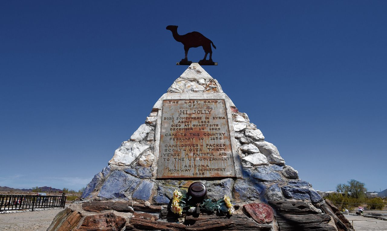 Achterland van Téa Obreht memoreert de rol die kamelendrijvers speelden bij de ontsluiting van het Westen, net als dit graf van ‘Hi Jolly’ in Quartzsite, Arizona.
