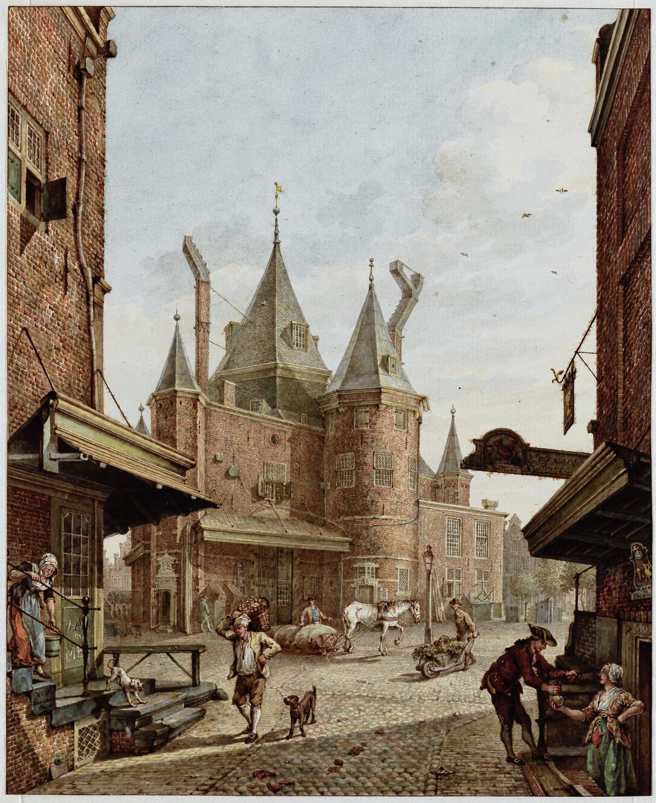 Links De Sint-Antonieswaag op de Nieuwmarkt, gezien vanuit de Bloedstraat, 1789.