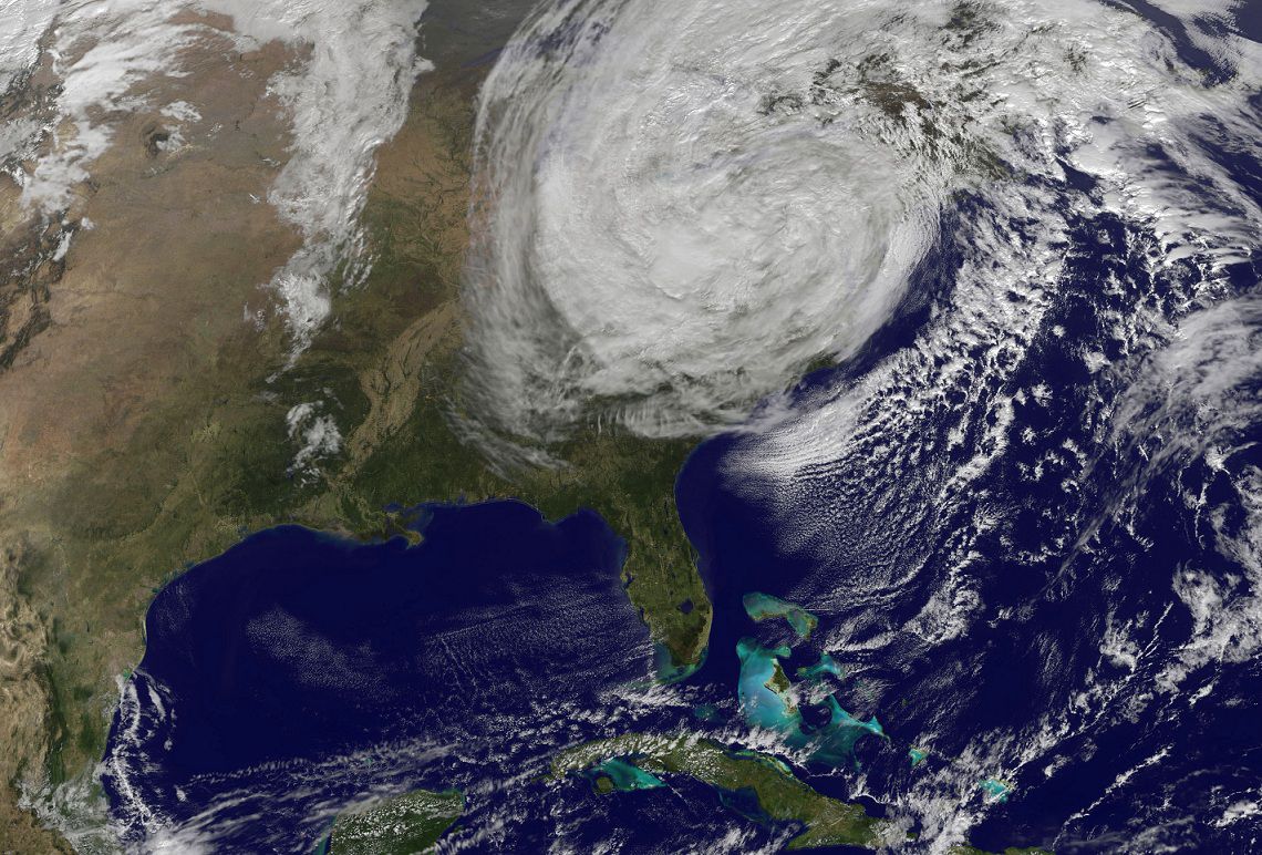This handout photo provided by NOAA, taken Tuesday, Oct. 30, 2012, shows post-tropical storm Sandy off the East Coast of the US. Campaign 2012 is rich with images that conjure the seriousness and silliness that unfold side-by-side in any presidential race. Who could have predicted that a superstorm would overshadow and scramble the presidential campaign in its final days? President Barack Obama and Mitt Romney revised and re-revised their campaign schedules as Hurricane Sandy, a most unlikely October surprise, barreled up the East Coast and then roared ashore in New Jersey. (AP Photo/NOAA)